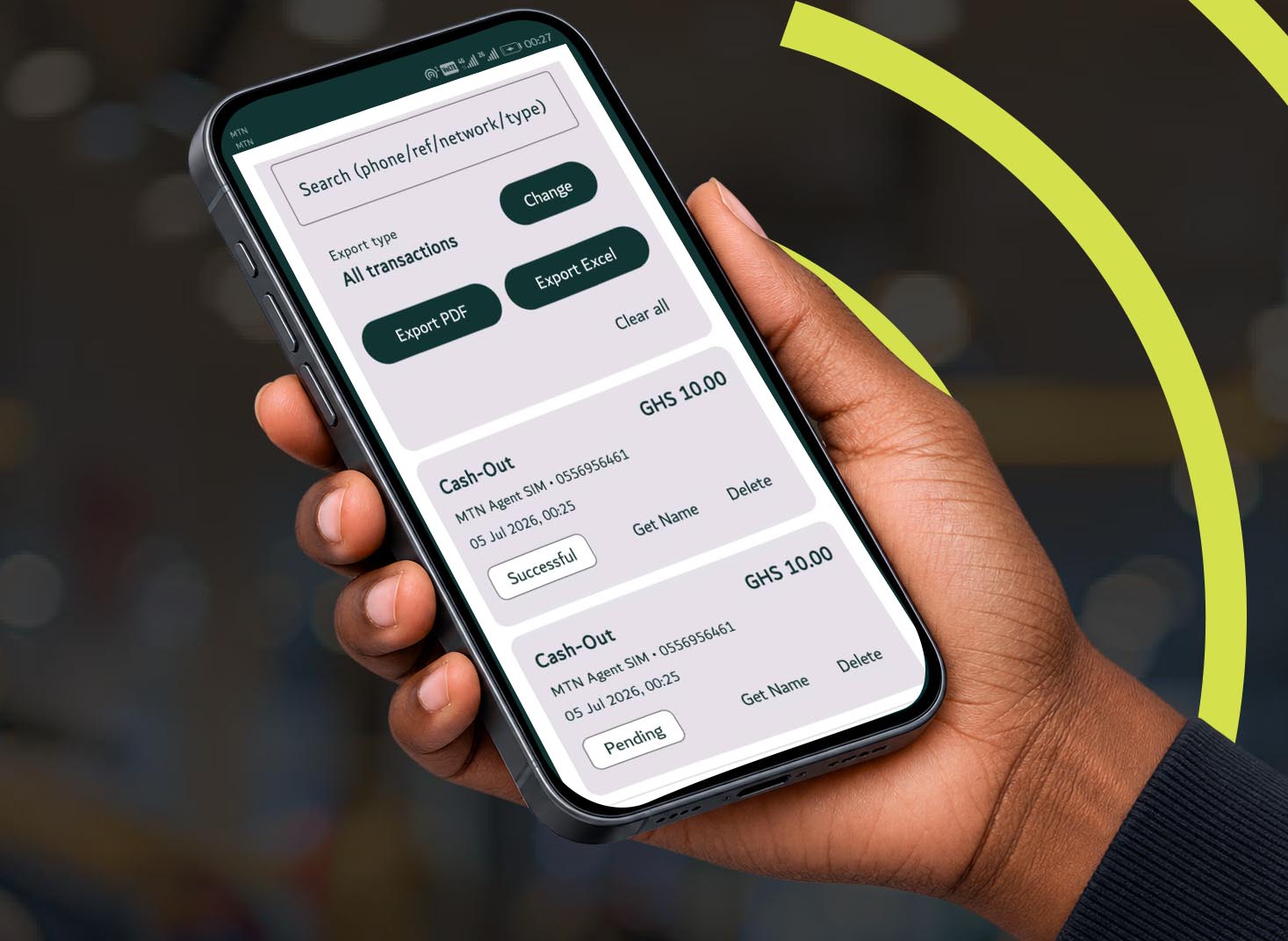 A hand holding a phone showing MoMoGram's transaction history with PDF and Excel export
